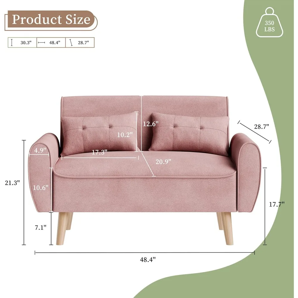 47” Small Contemporary Recliner Sofa, Mid-Century Linen Fabric 2-Seater Sofa Couch Tufted Love Seat (Pink)