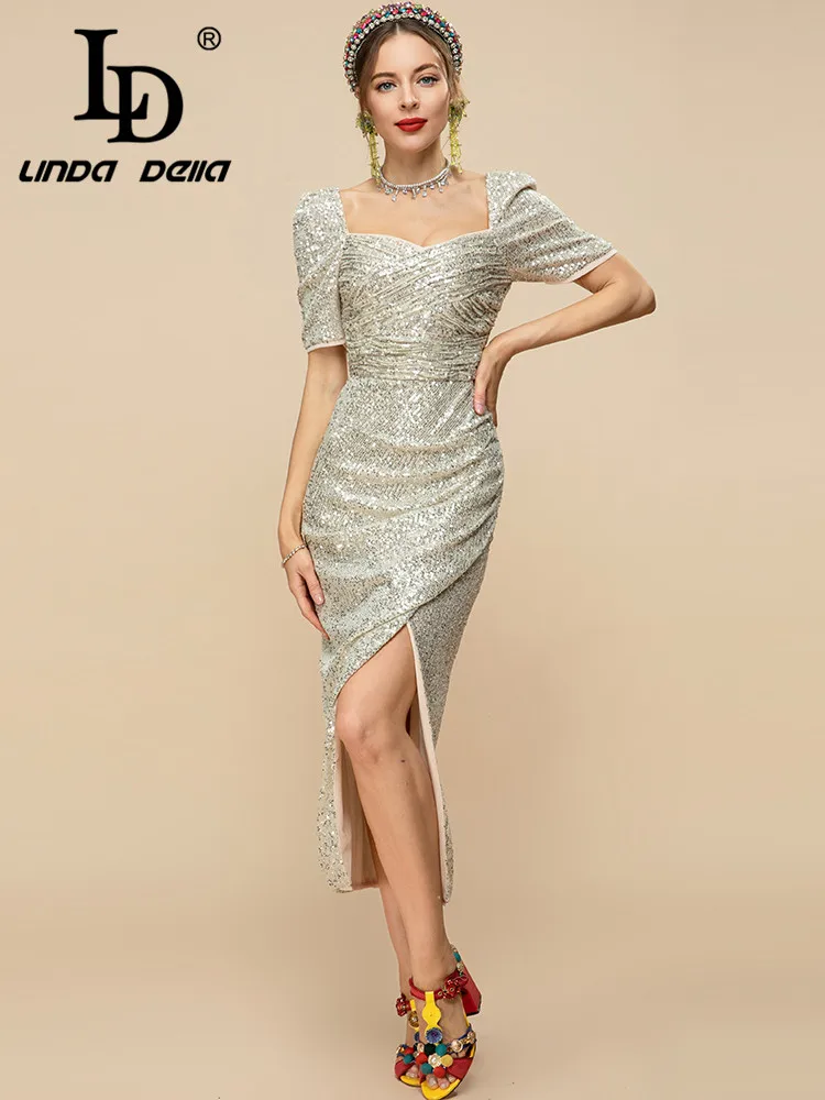 

LD LINDA DELLA 2023 Summer Fashion Gorgeous Sequins Dress Women's Short Sleeve Draped Slim Sexy Club Party Midi Dress