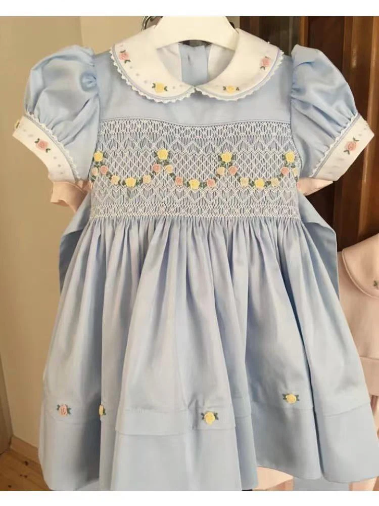 0-6Y Baby Girl Summer Blue Smocked Turkish Vintage Princess Dress for Birthday Holiday Easter Photography Eid