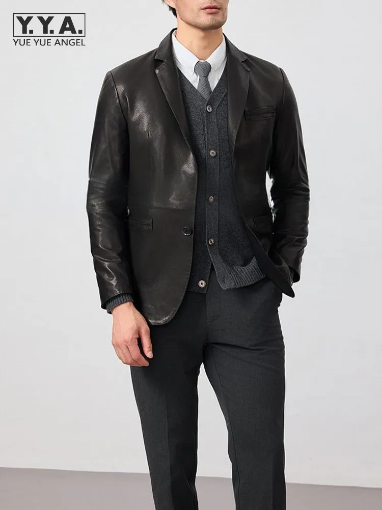 

Дизайнерские мужские уличные тонкие куртки из овчины из натуральной кожи, пальто с отложным воротником и длинными рукавами, верхняя одежда, повседневная осенняя новая мужская одежда