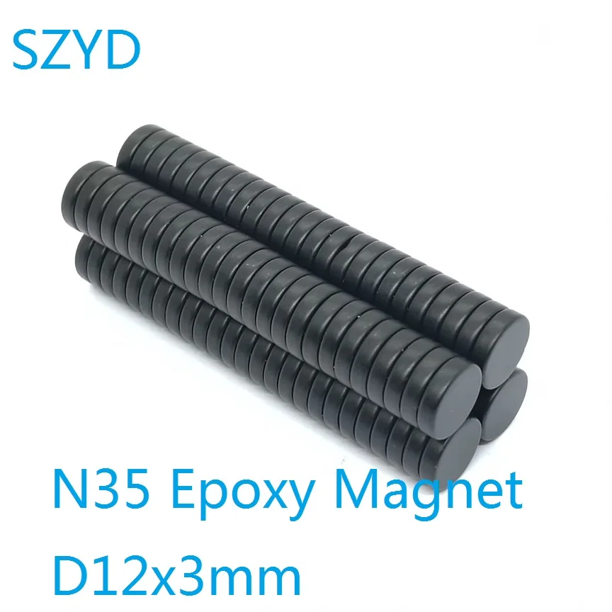 100 PCS/LOT N35 Disc Black Epoxy Magnet 12*3 Strong Round Waterproof Rustproof NdFeB MAGNETS 12x3