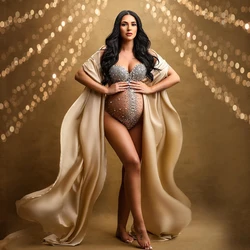 Sexy Goddess Bodysuit Maternity Photography Prop Dress V Neck Rhinestones Pearls Stretch Jumpsuits Women Pregnant Photo Shooting