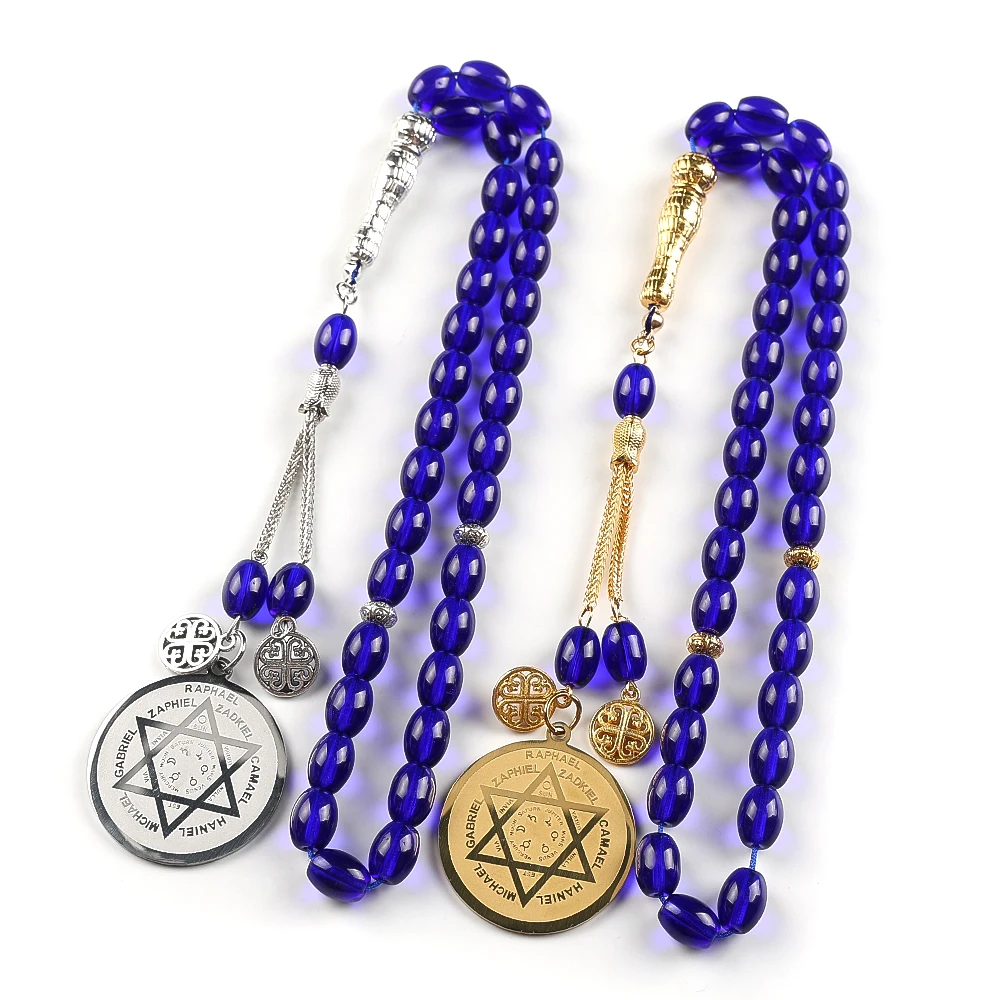 Pendentif de voiture en acier inoxydable avec sceau des 7 archanges pour femmes et hommes, couleur or, étoile de David, chaîne de perles de prière bleues, bijou amulette