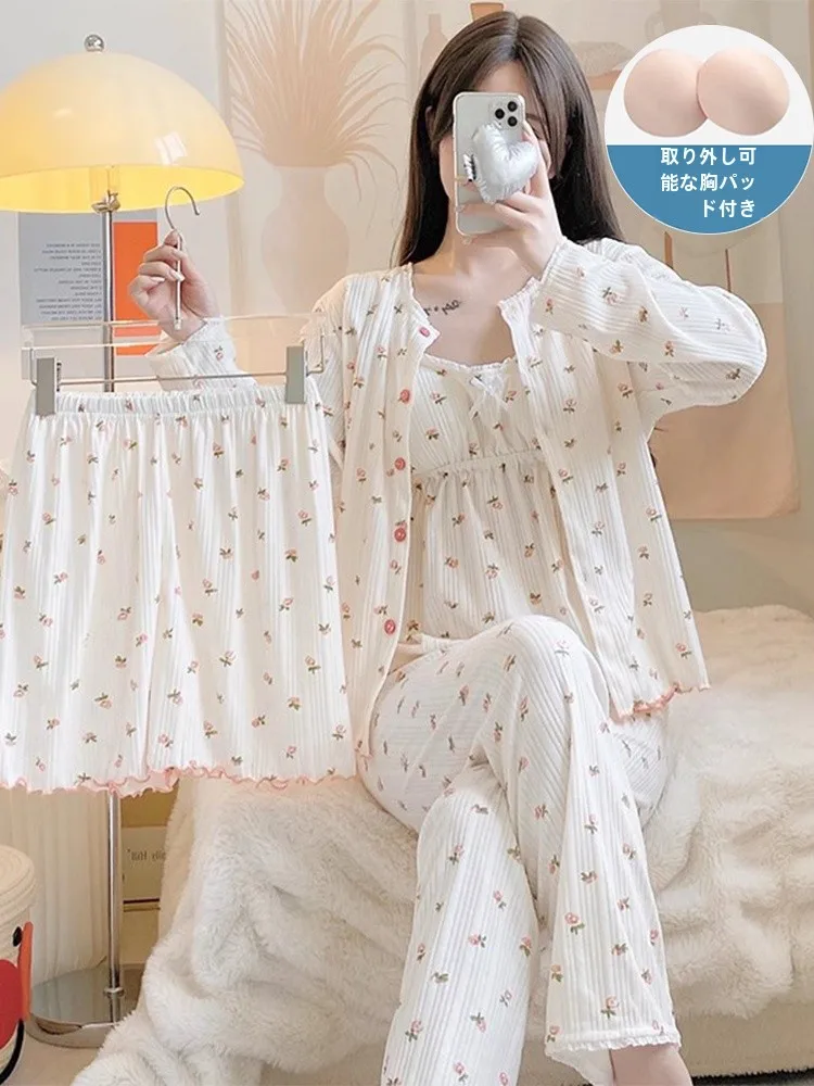 Pajamas Women Summer Online Red Sle Spring and Autumn Winter Sweet Floral 4 PCs Set Sling Long sleeve Cotton Home Wear