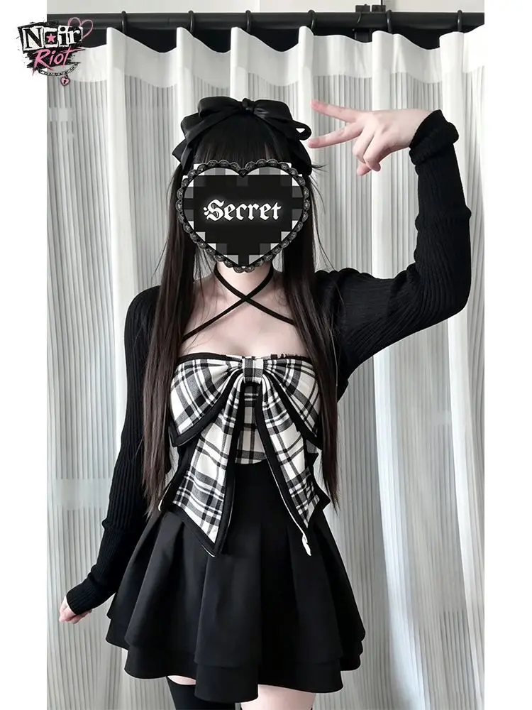 Japanese Vintage Coquette 3PCS Set Women Plaid Bow Cross Strap Halter Crop Top Cardigan High Waist Pleated Mini Skirt Casual