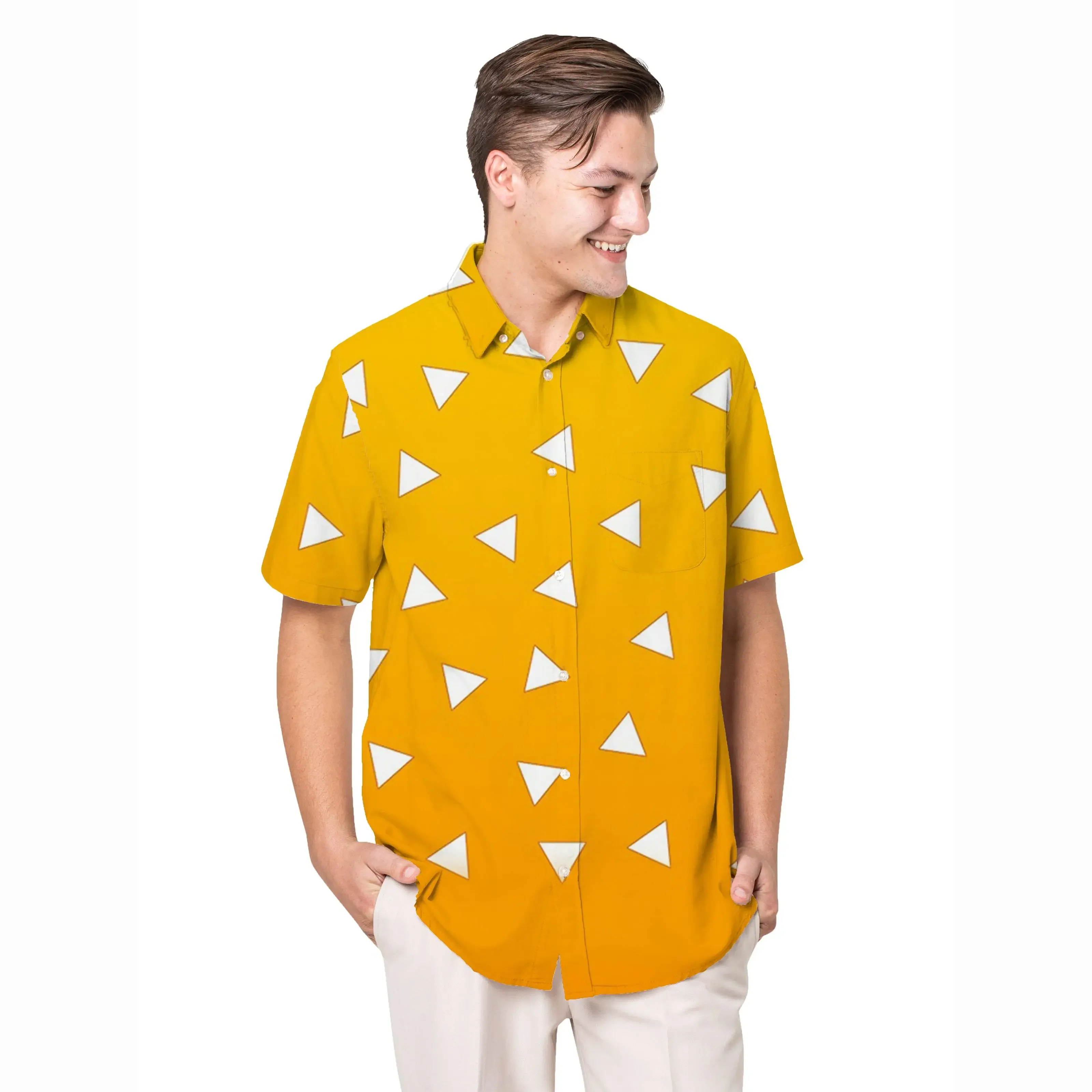 Jumeast Yellow Print Hawaiian Shirt Triangle Graphic Aloha Shirts Tropical Baggy Casual Man Clothing Beach Top Gifttify