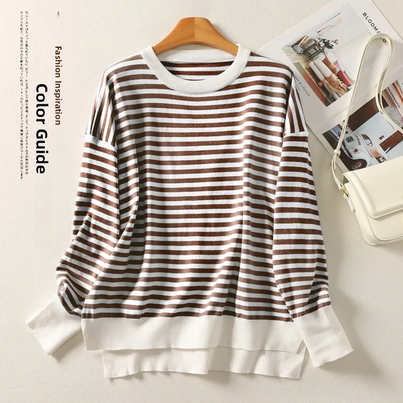 

Artistic Striped Knitwear Long Sve round Ne Casual Hoodie Women's Spring Autumn New Sle Comfortable Nylon T-irt