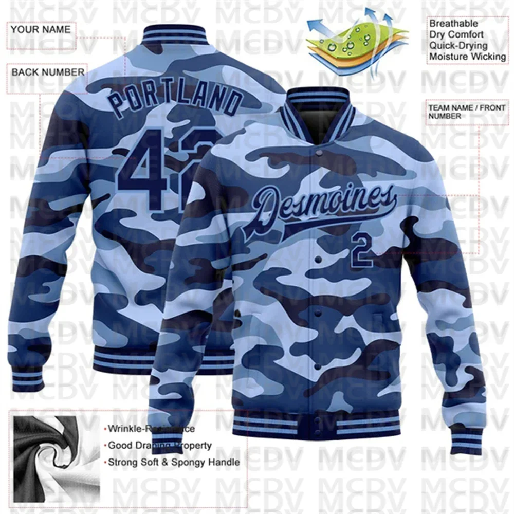 Custom Camo Navy-Light Blue Ocean Camouflage 3D Bomber Full-Snap Varsity Letterman Salute To Service Jacket