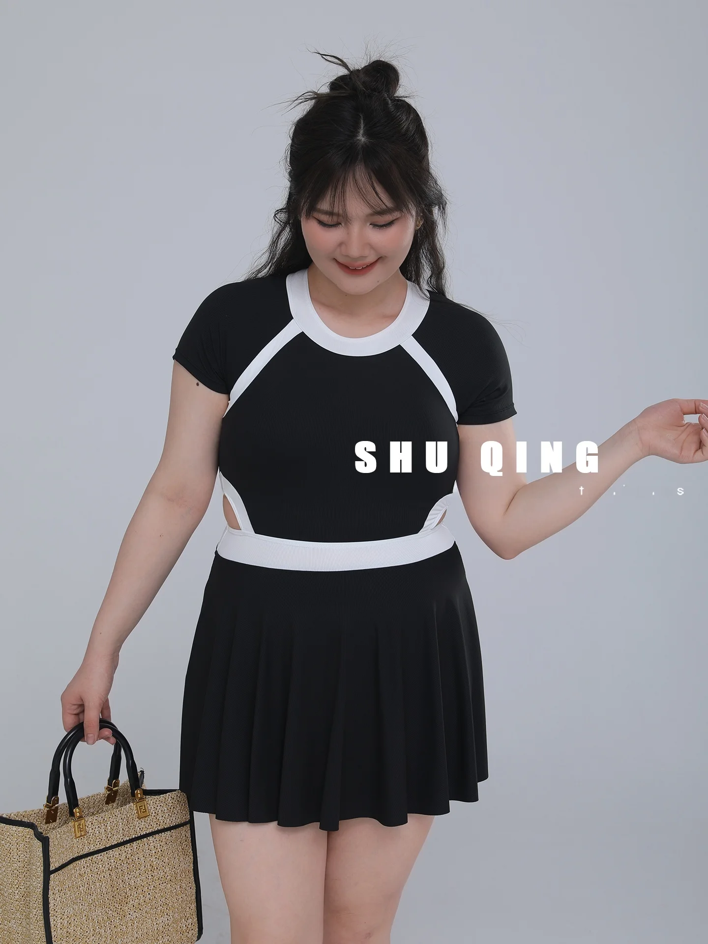 Slimming One-Piece Swimsuit for plus Size Women Black White Short Sleeve Bather Skirt Style High Elasticity Nylon Spandex Pol...