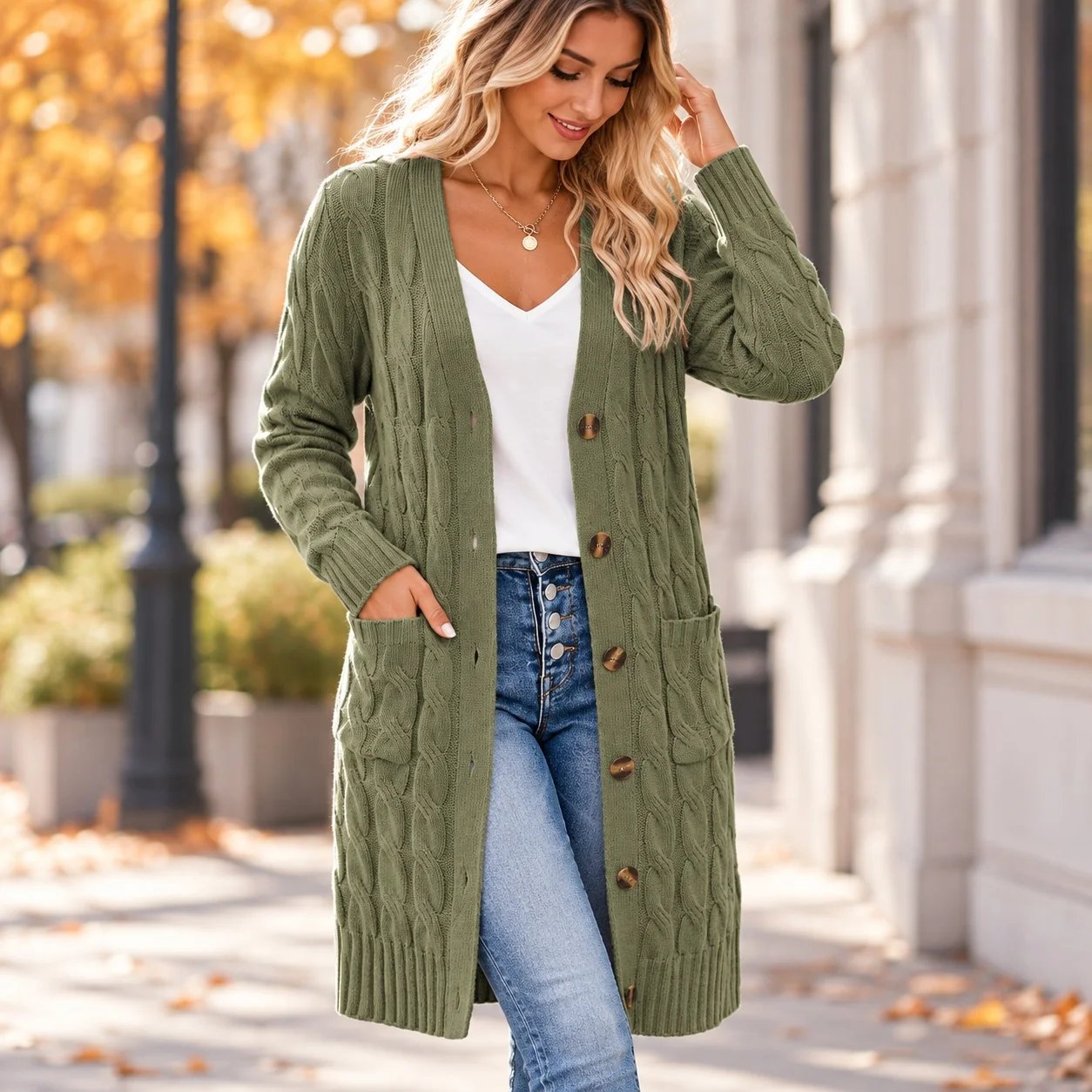 V Neck Side Slit Pockets Sweater Long Length Commuter with 3D Effect Pattern Single Breasted Multi Button Casual Women Sweater