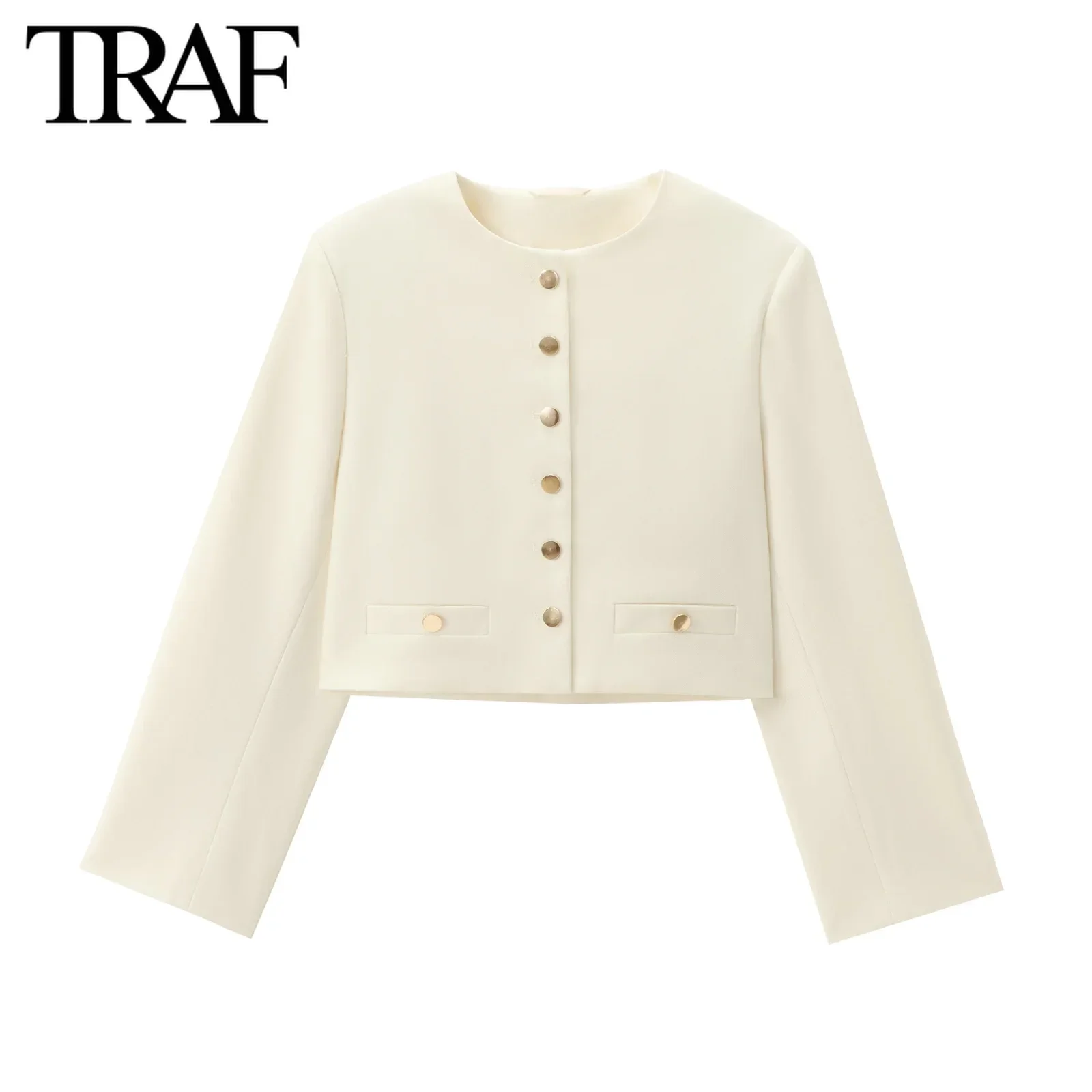 TRAF Women Fashion Autumn New Casual Jacket Round Neck Long Sleeved Single-breasted Pocket Short Coats Chic Ladies Tops Mujer