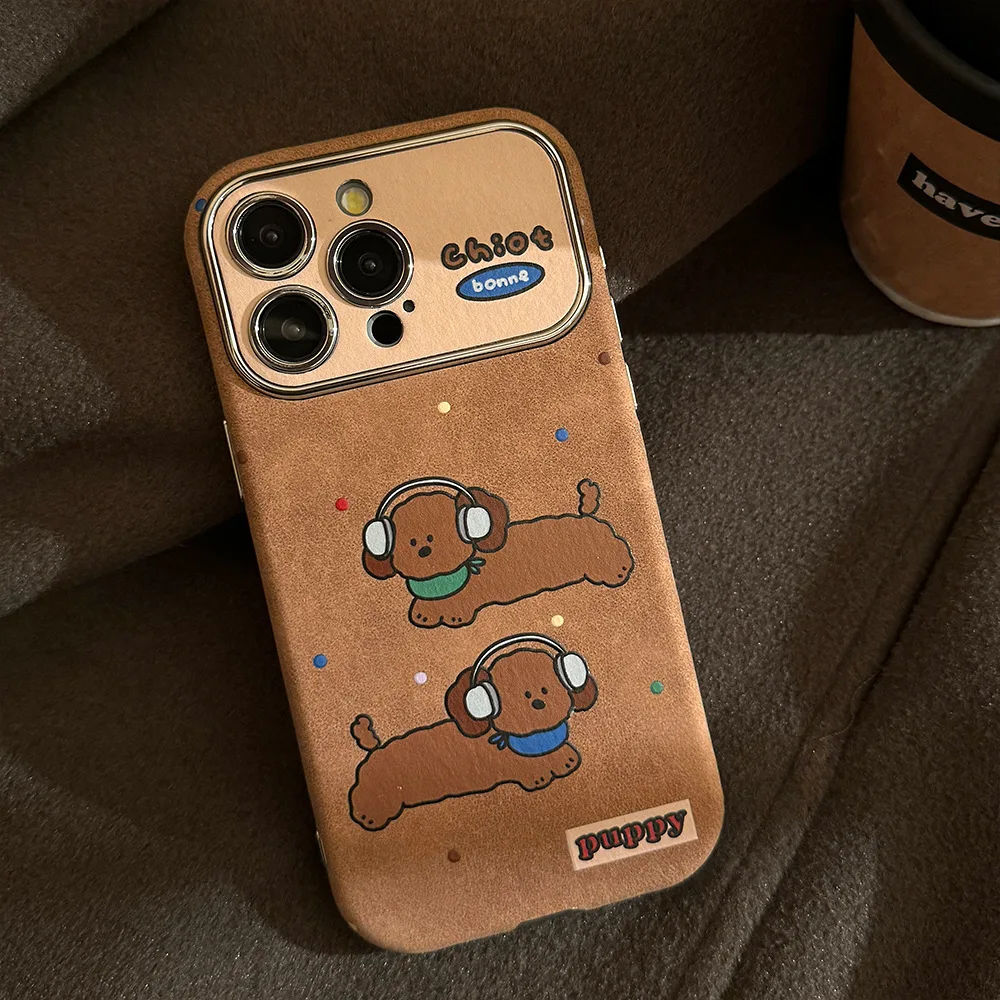 Funny Wear Headphones Dachshund Dog Big Window Color Circular Dots Phone Cover Case for iPhone 16 15 14 13 12 11 Pro Max Plus