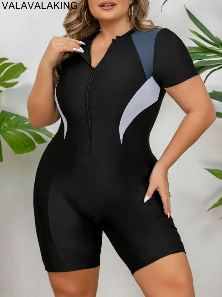 2024 Solid Plus Size Swimwear Women Short Sleeve Large One Piece Swimsuit Lady Patchwork Big Swimwear Curvy Chubby Bathing Suit