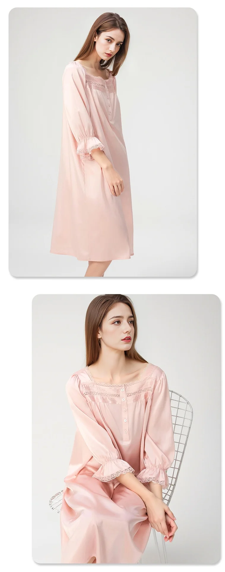 Women's Silk Nightdress, French Square Collar Princess Dress, 100% Mulberry Silk Loungewear, Cool Bubble-sleeve Nightdress