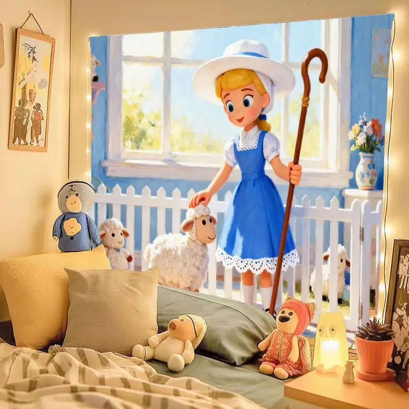 1 Buah Permadani Bo Peep & Lambs, Seni Dinding Kartun Gadis Peternak yang Lucu, Dekorasi Poliester Modern untuk Ruang Tamu, Kamar Tidur, Asrama, Hadiah