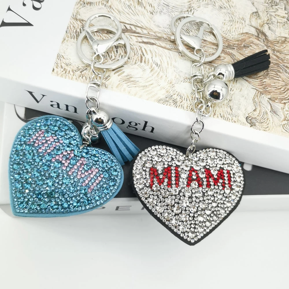 Miami Heart Keychain Leather Tassel Key Holder Metal Crystal Key Chain Keyring Charm Bag Auto Pendant Gift Wholesale Price