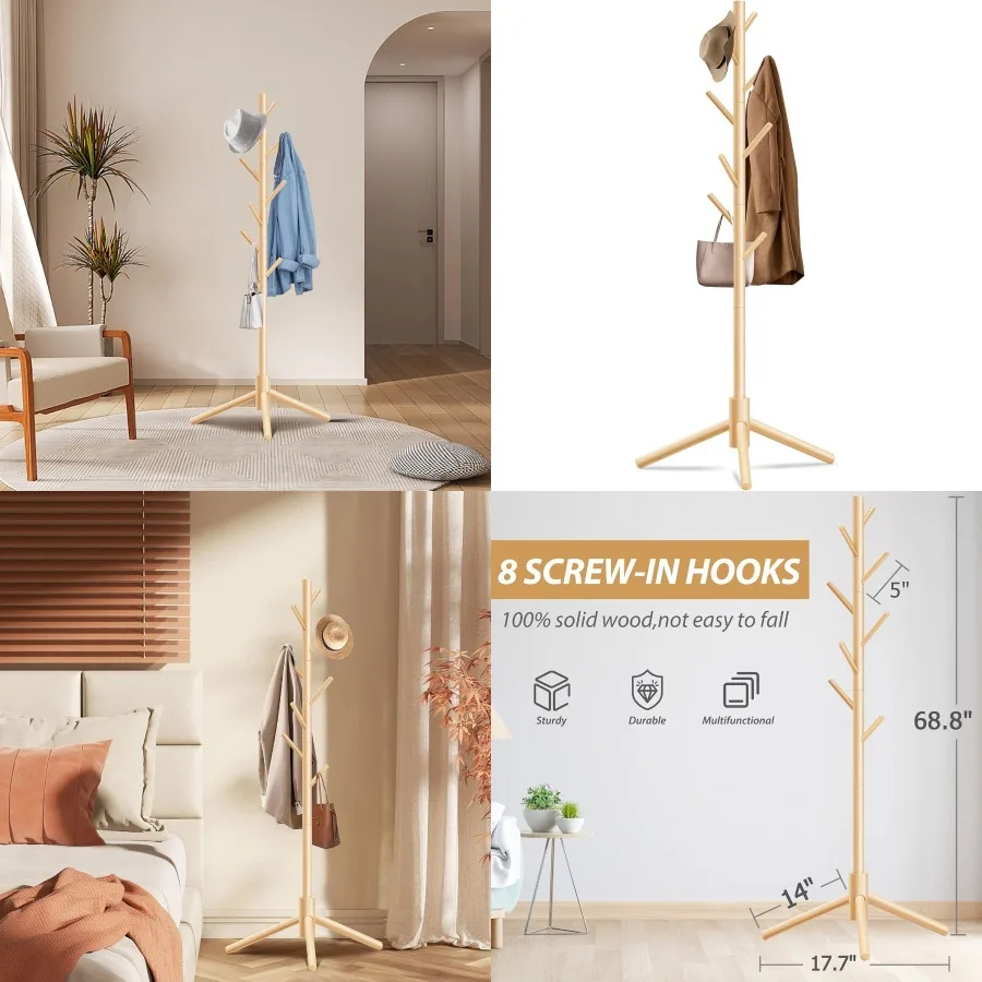 

Durable Wooden Coat Rack Freestanding Coat Rack with Stable Triangular Base 8 Hooks 3 Adjustable Heights Simple Assembly for Be