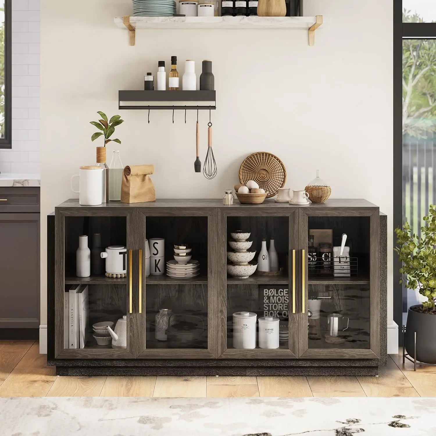 Belleze-Buffet en bois et verre avec rangement, armoire moderne, table console pour cuisine et salle à manger