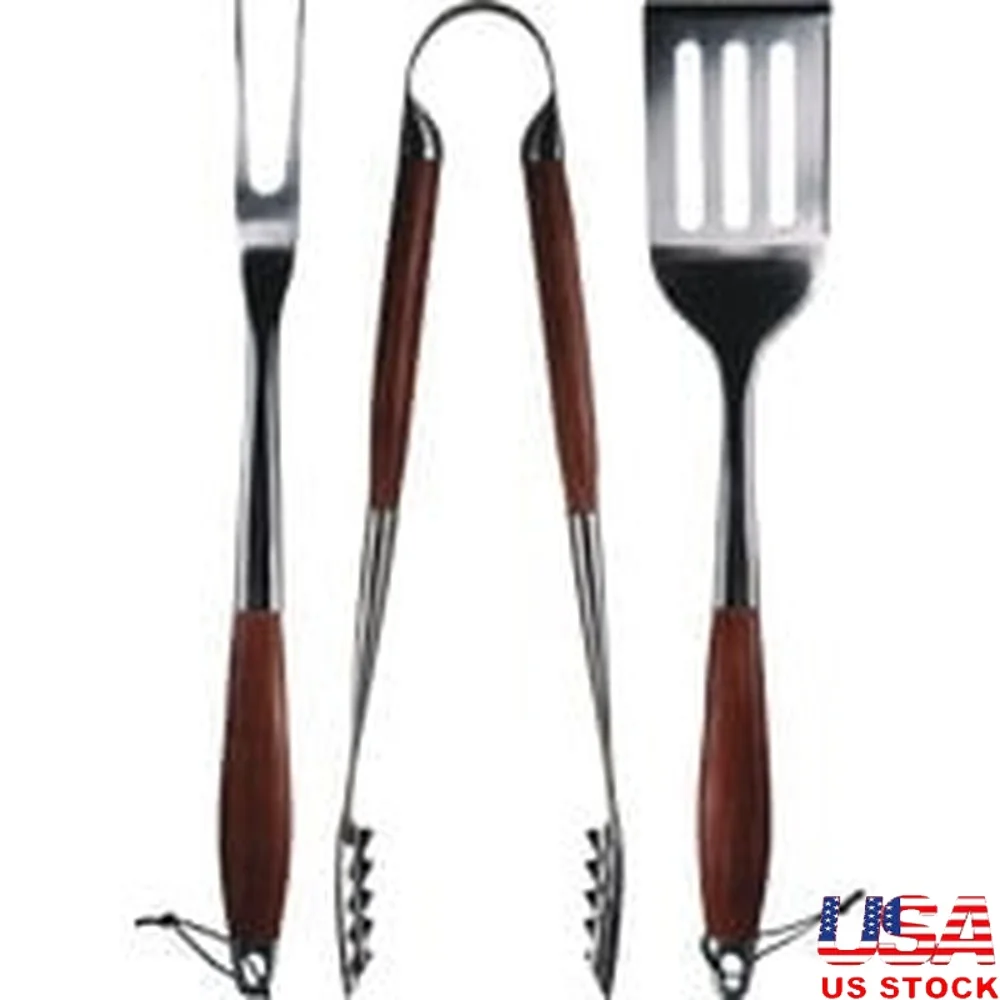 

Rosewood Handle BBQ Tool Set 3-Piece Spatula Tongs Grilling Fork Stainless Steel Durable Tools with Leather Hang Ties