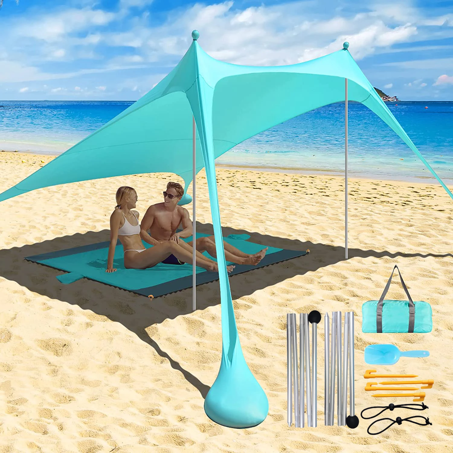 Large Portable Windproof Beach Tent, Pop Up Shade Canopy, Sun Shelter, Family Beach Tent with 2 Aluminum Poles