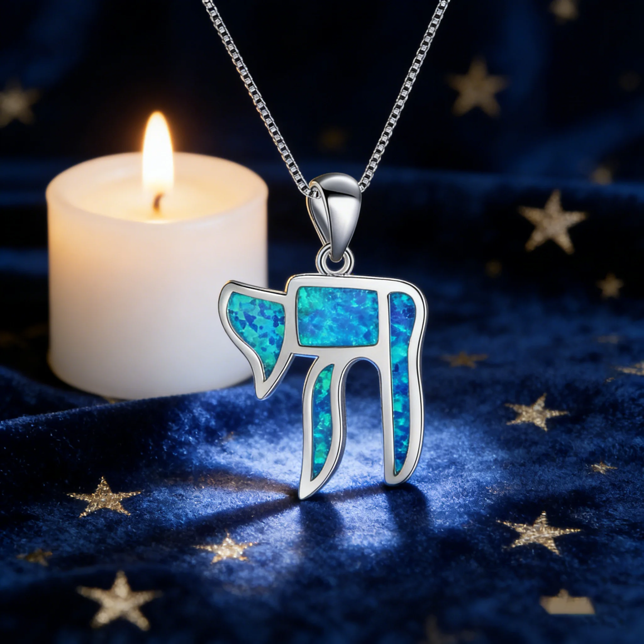 Hebräische Chai-Glücksanhänger-Halskette, jüdisches Symbol des Lebens, Schmuck, versilbert mit blauem Opal, einzigartiges bedeutungsvolles spirituelles Geschenk – Detail 9