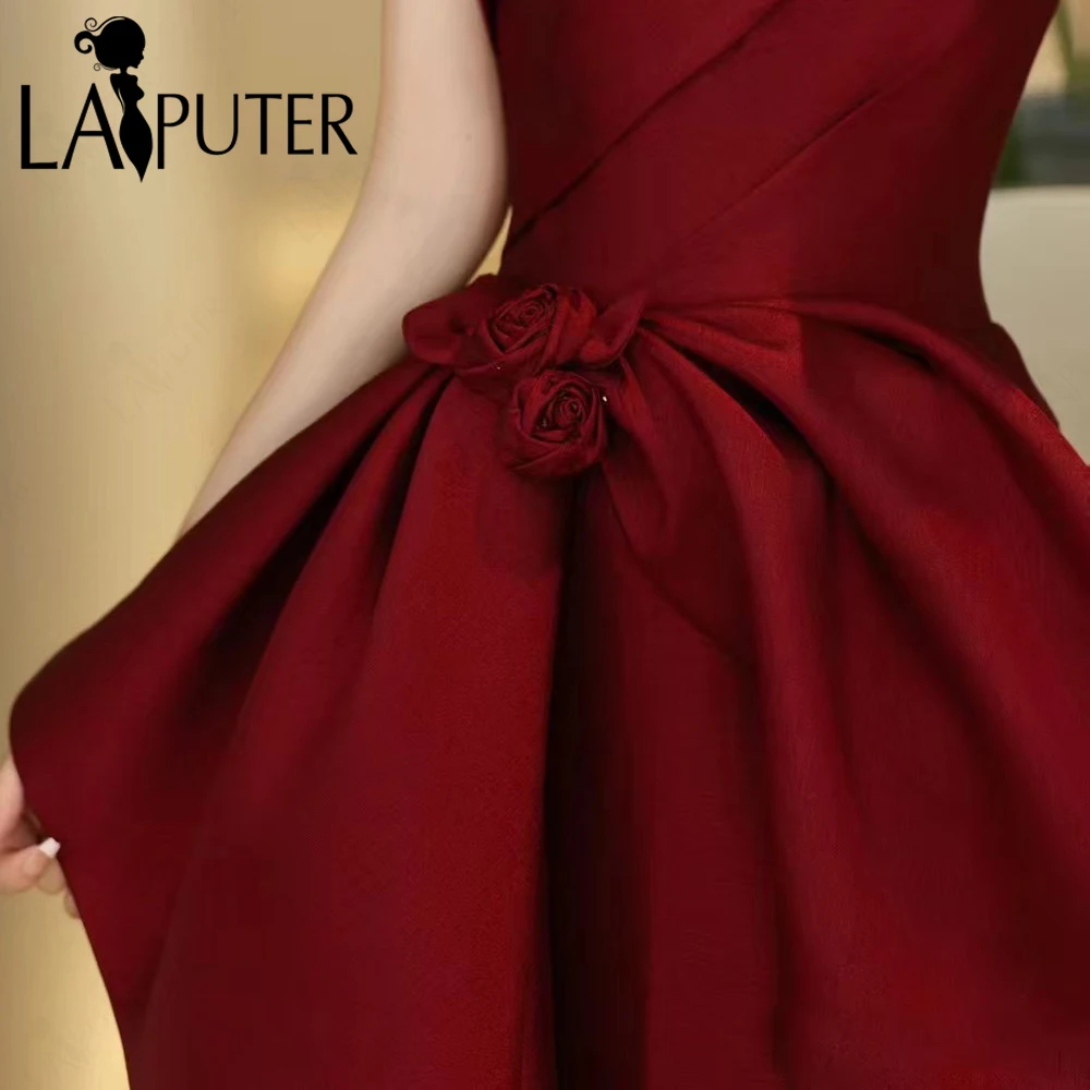 Red Column Evening Dresses Off Shoulder Strapless Neck Tea Length Party Big Bow Knot Satin Prom Gown