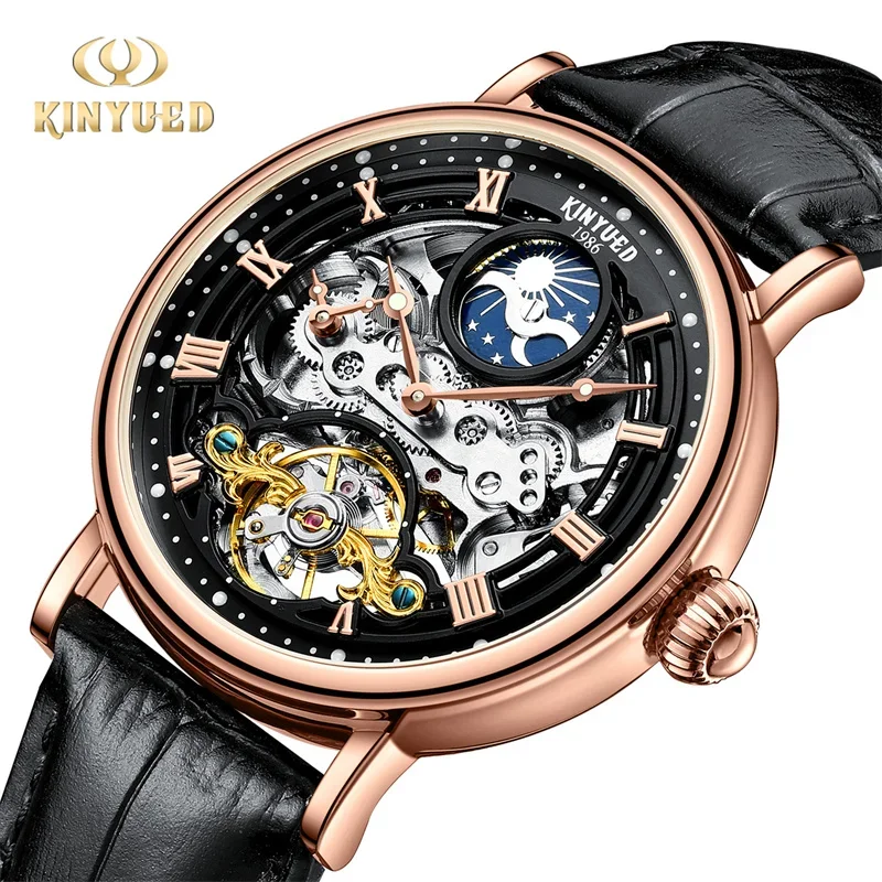 KINYUED orologio da uomo automatico orologi meccanici volano scava fuori orologio multifunzionale cinturino in pelle orologio da polso fasi lunari