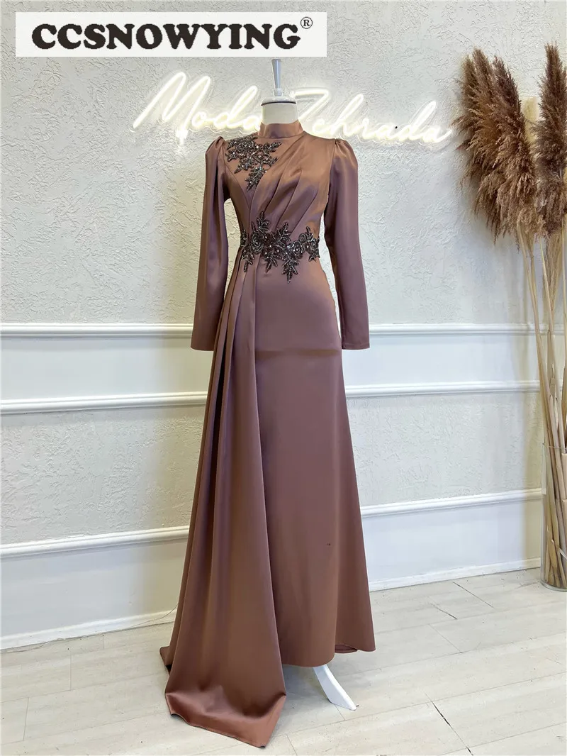 Dusty Rose Satin Long Sleeve Muslim Evening Dresses Appliques Islamic Hijab Formal Party Gown Women Arabic Dubai Robe De Soiree