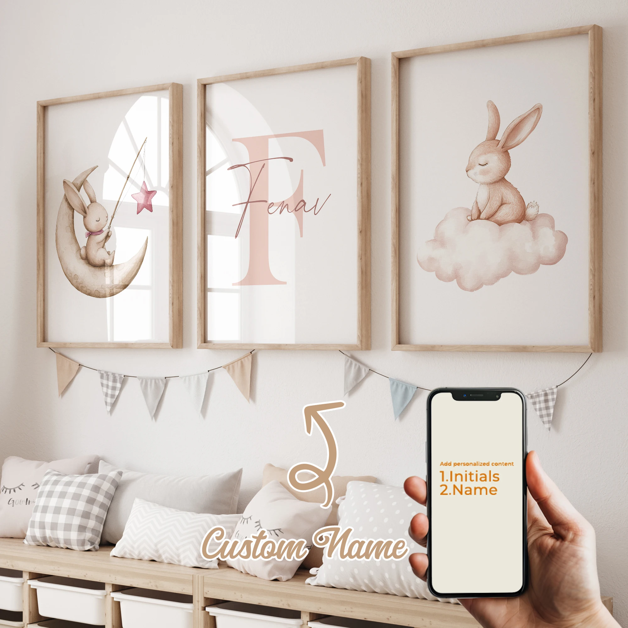 

3pcs Pink Rabbit Moon Dream Personalization Name Gift Wall Art Prints Canvas Painting Poster Picture For Kids Room Home Decor
