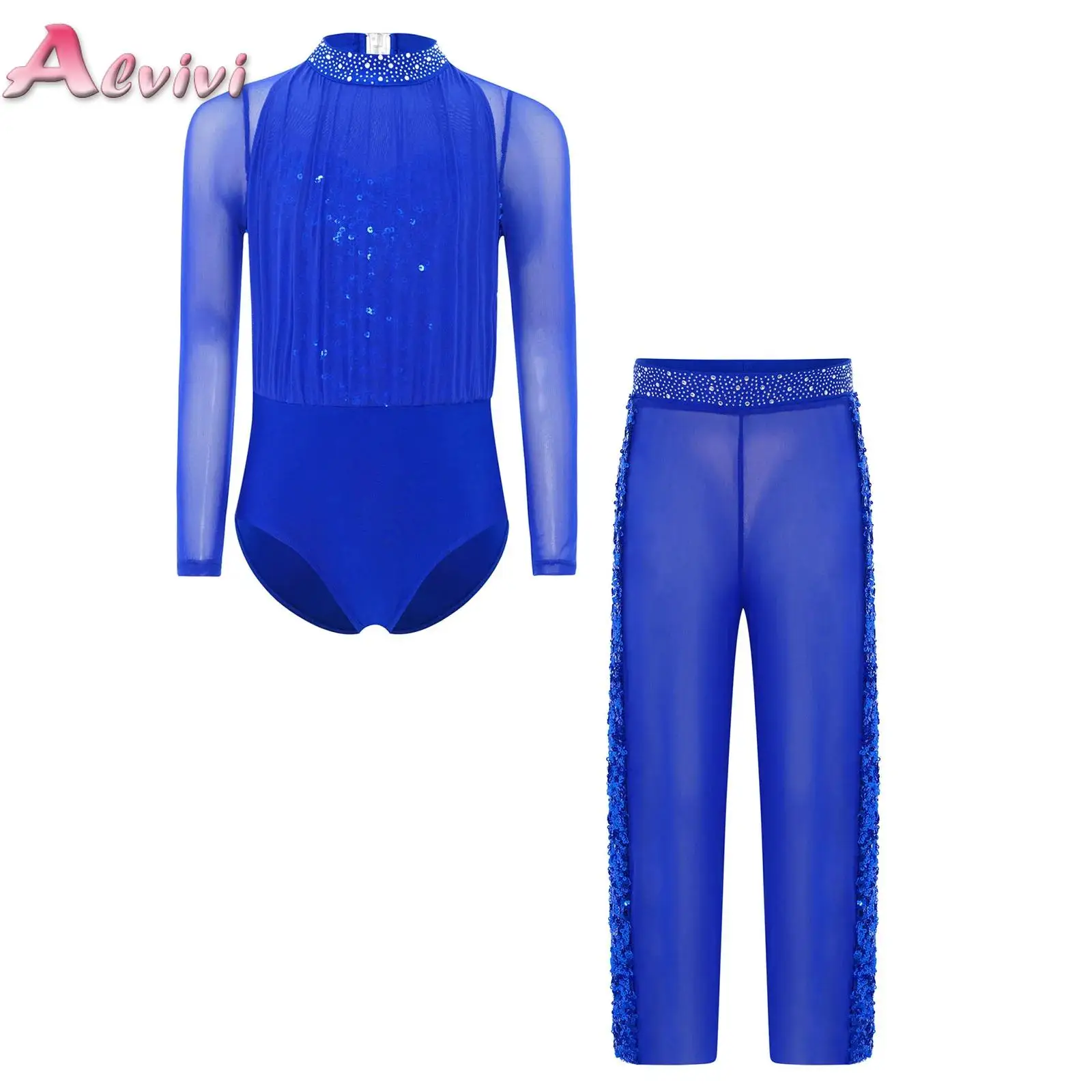 

Girls Ballet Dance Gymnastics Jersey Figure Skating Outfit Ballroom Modern Dancewear Long Sleeve Rhinestones Leotard with Pants