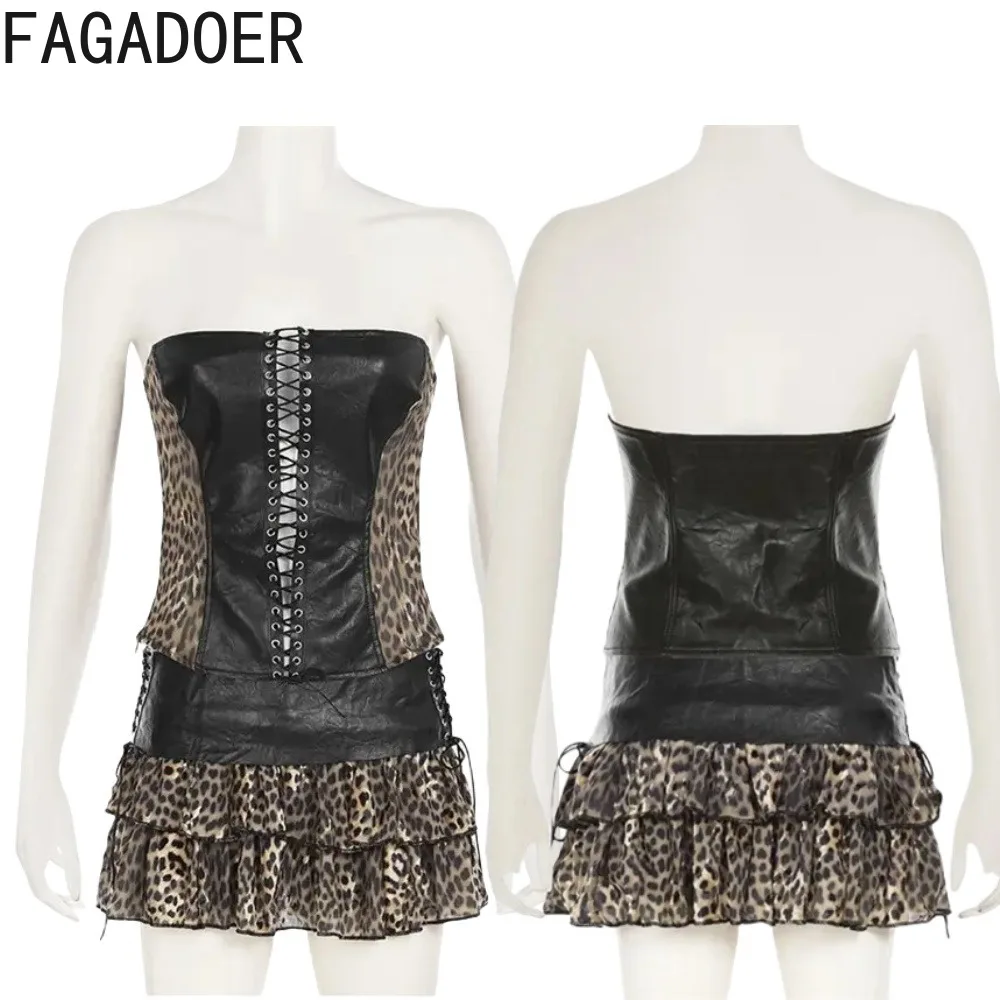 FAGADOER Tube Leopard 2 Piece Sets Women Outfit Sexy Bandage Patchwork Top + Ruffles Pleated Mini Skirt Suit Hot Girl Streetwear