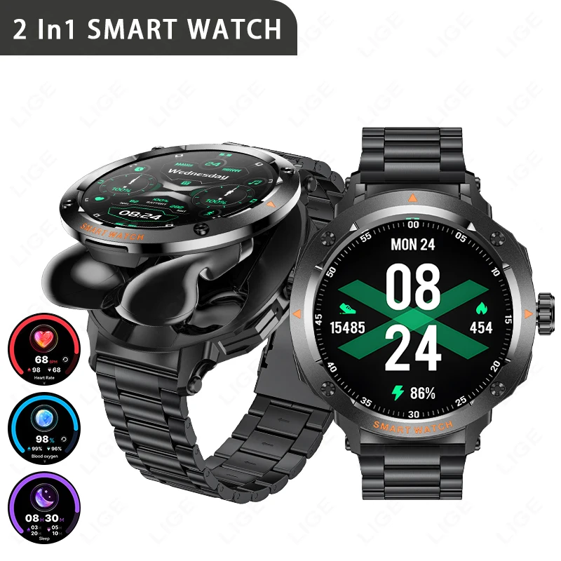 

LIGE New 2 IN 1 Smart Watch TWS Earphones NFC Heart Rate Blood Oxygen Fitness Tracker Sport Watch Bluetooth Call Smartwatch Men