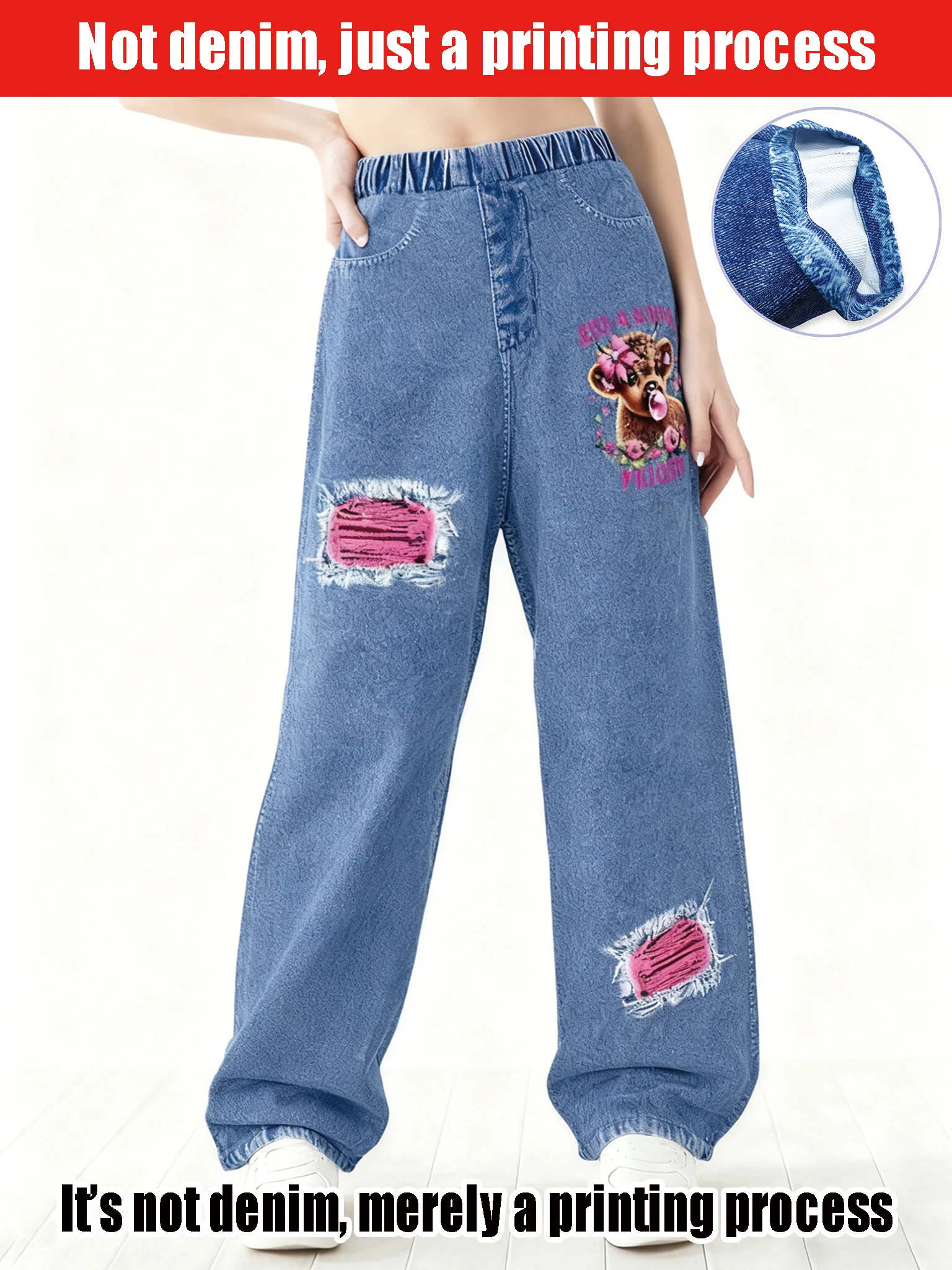 

2025 Girls Y2K Casual Fashion Style Cartoon Deer Print - High Waist Elastic Loose Wide Leg Imitation Jeans