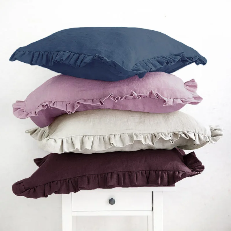 

Japanese Style Pure Linen Ruffled Pillowcases for Living Room Sofa Headboard Large Cushion Cover Homestay Solid Color Pillowcase