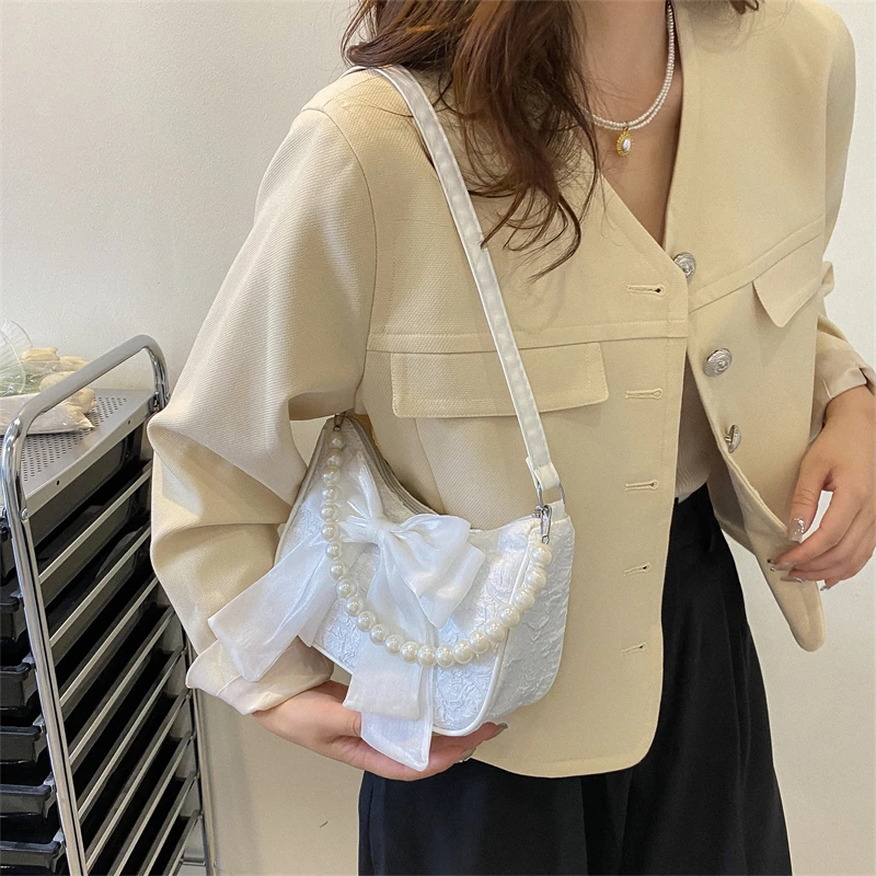 Canvas Underarm Bag 2023 New Women\'s Sweet Bow Beaded Pleated Design Zipper Shoulder Bag Fashion Casual Party Handbag Trend