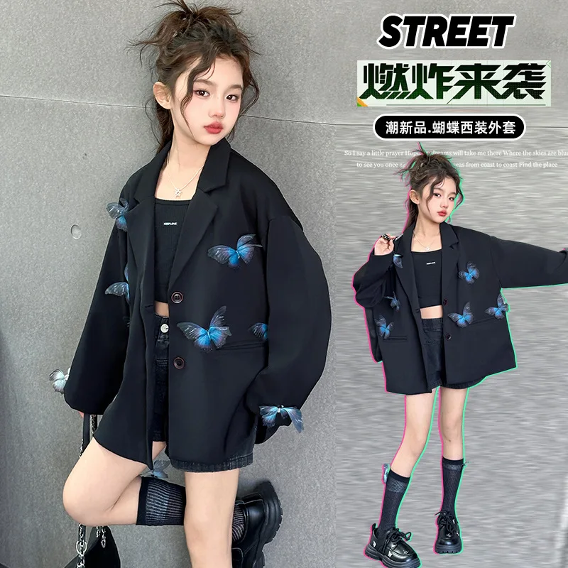 

New Girls Black Blazer 3D Butterfly Trendy Loose Casual Kids Jacket Spring Autumn All-match Children Outerwear Tops 10 12 Years