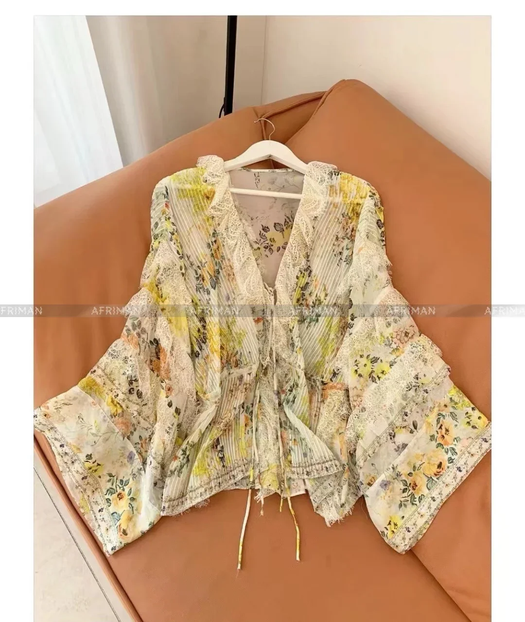 Women V Neck Flare Sleeve Yellow Flower Print Pleated Lace Patchwork Silk Cardigans Shirt Coat