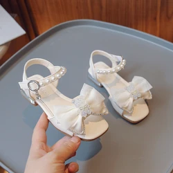 Children Fashion Girls Sandals 2023 New Bow with Bears Pearls Kids Shoes Breatheable Soft Low Heels Princess Mary Jane for Party