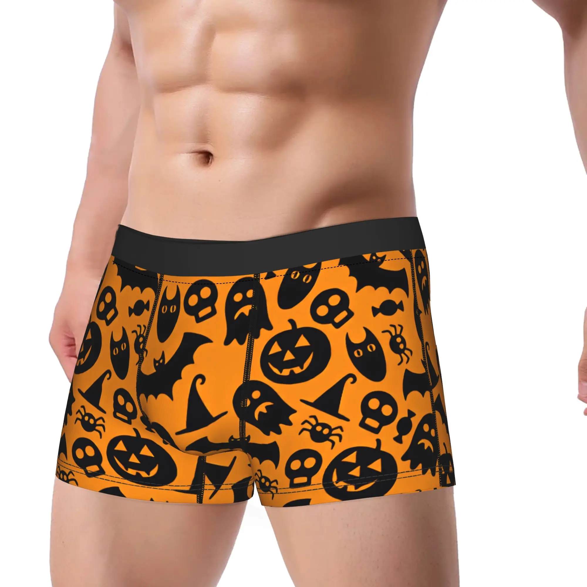 Halloween Silhouette Pumpkin Ghost Bat Witch Hat Seamless Pattern Orange Background Underwear  Sexy Soft Panties Boxer Brief