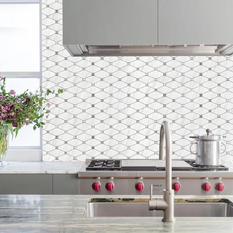 10 Sheets Peel and Stick Backsplash, White Marble Look PVC Mixed Metal Gold Kitchen Backsplash, Dolomite Stick on Backsplash