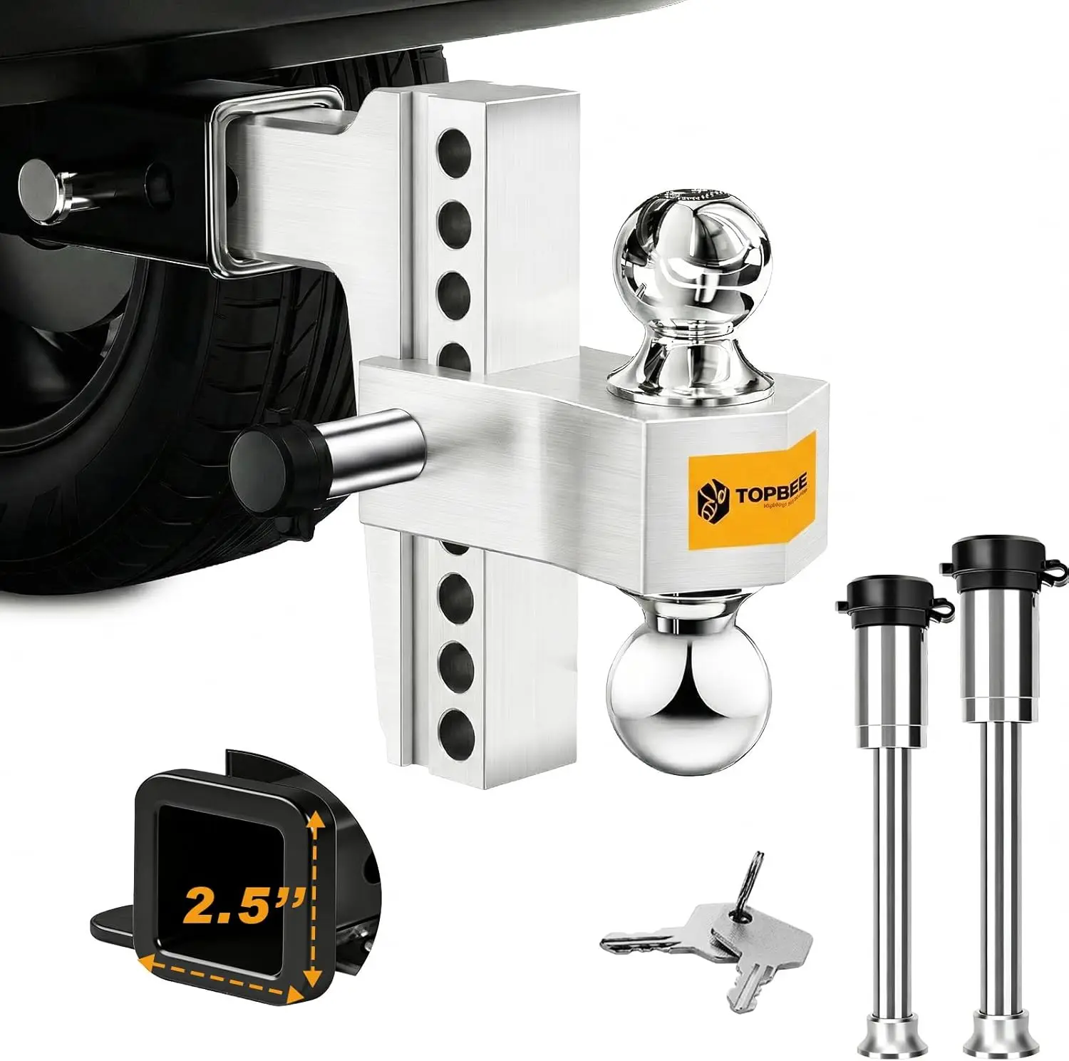 

Adjustable Trailer Hitch with 8-inch Drop, Fits 2.5-inch Receiver, 18,500 LB Capacity, Anti-Theft Pin Included