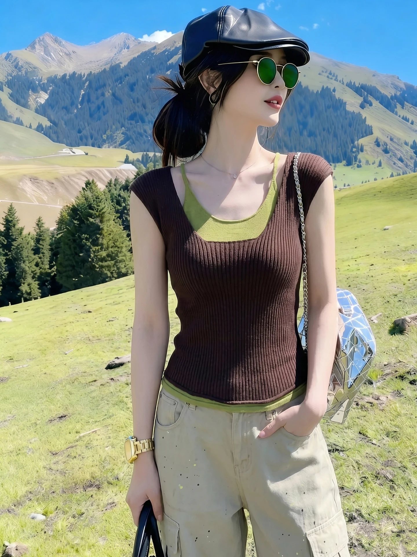 

Unique Vintage Knitwear Color Block Design Slimming Top Women's Fashion Summer 2026 Poetic Lin Korean Style Straight Cut Silk
