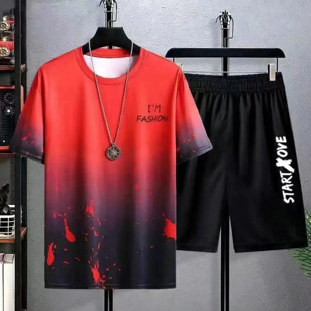 Conjunto Activewear regular para homens, roupa esportiva de cor gradiente, camiseta com gola redonda, shorts de cintura elástica, ativo fino para ativo