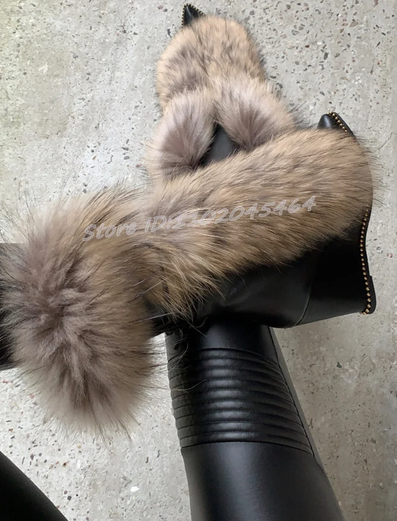 Black/Nude Fur Wedges Leather Mid Calf Boots 2024 Winter New in Warm High Heels Lace up Sexy Boot Big Size Designer Women Shoes