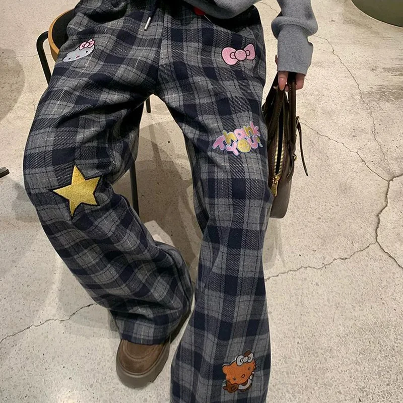 سانريو مرحبا كيتي صوف مبطن منقوشة السراويل فتاة خريف شتاء الحلو منفعل نمط فضفاض مستقيم الساق التخسيس مجموعة عادية متعددة الاستخدامات