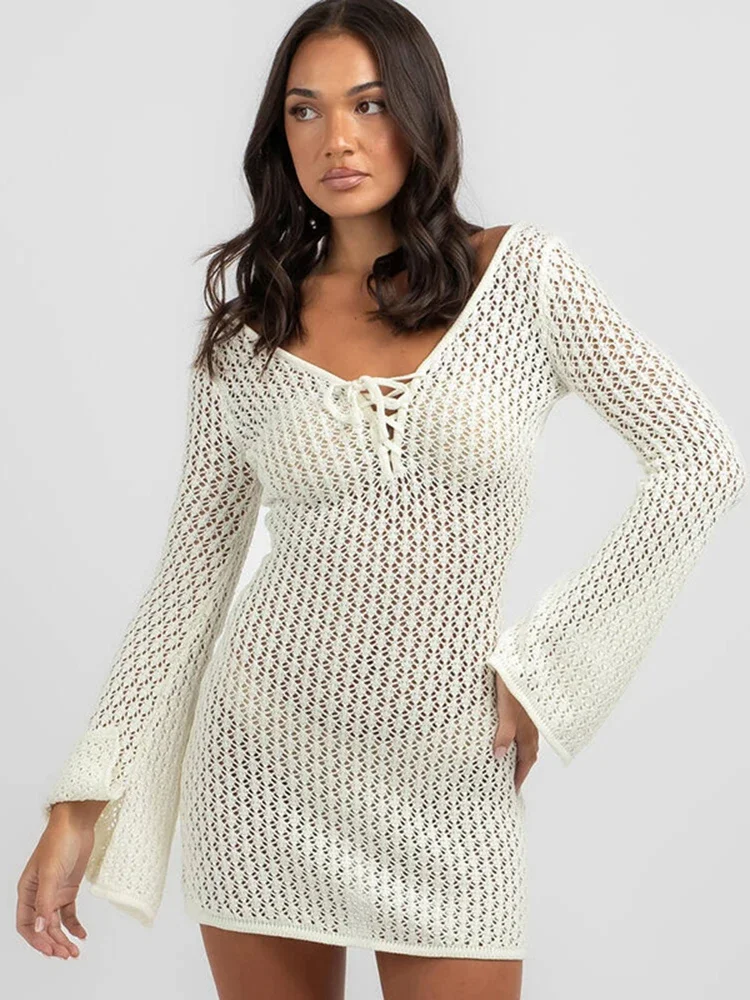 2025 new Solid Bikini Cover-Ups Women Beach Cover Up Long Sleeve Lace Up Summer Fashion See Through Vacation Female Beachwear