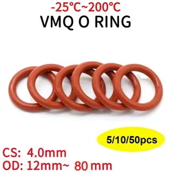 Anel de silicone vermelho junção cs 4mm od 15 ~ 80mm, anel o de silicone grau alimentício borracha o-ring vmq sortido, ferramentas hvac, com 10 peças