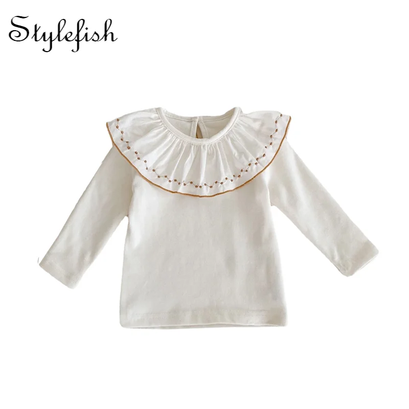 

baby T-shirt 2022 autumn new baby bottoming shirt embroidered lotus leaf collar baby top