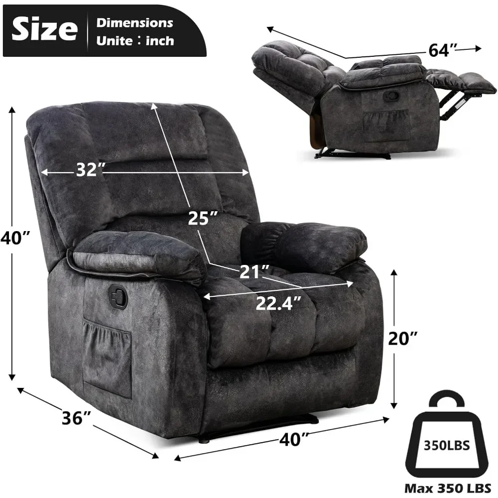 Overstuffed Massage Recliner Chairs with Heat and Vibration, Soft Fabric Single Manual Reclining Chair for Living Room Bedroom