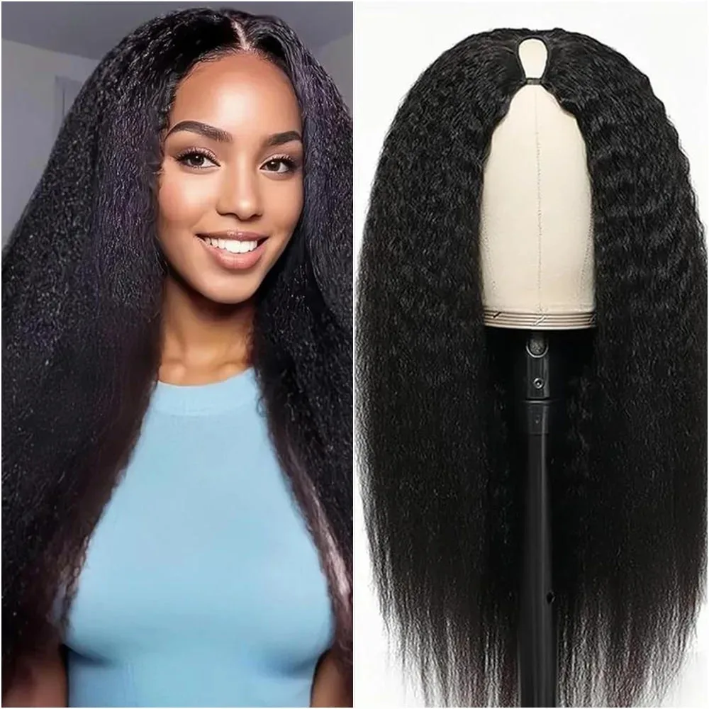 Kinky Yaki Straight Human Hair V Part Wig 28 30 Inches 200% Density Glueless No Leave Out Wear and Go Natural Hairline Wigs For Black Women